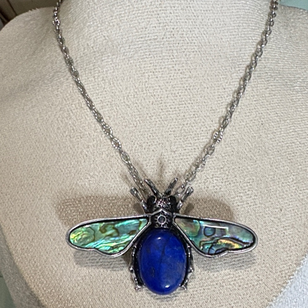 Silver and Blue Insect Pendant Necklace